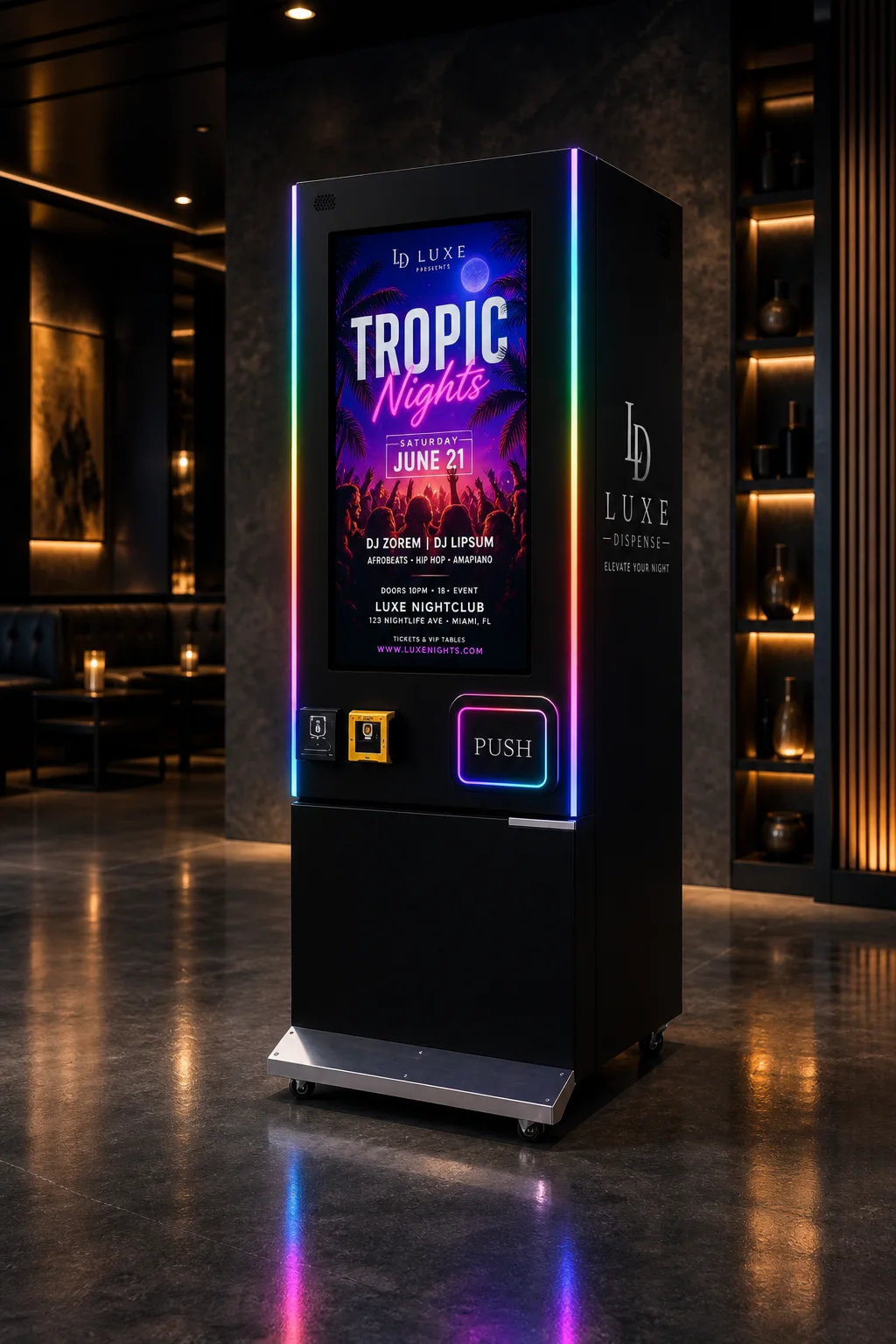 Luxe Dispense machine with a full-height advertising screen in a premium nightlife venue
